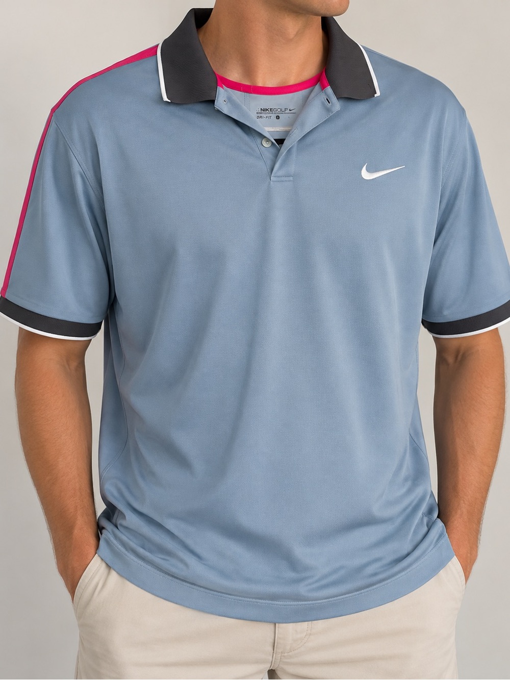 Nike Golf Dri-FIT Men’s Large Polo Shirt Blue Gray Pink Colorblock Swoosh